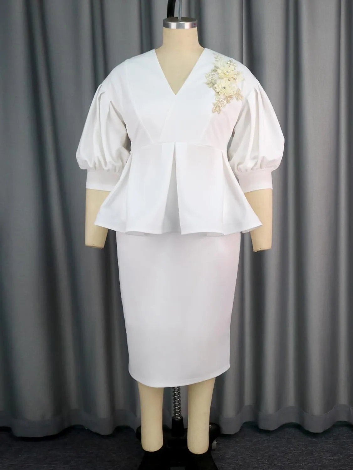 AOMEI Business Suit Sets for Women's 2 Piece Outfits V Neck Peplum Tops Floral Applique Formal Pencil Midi Skirt Suit