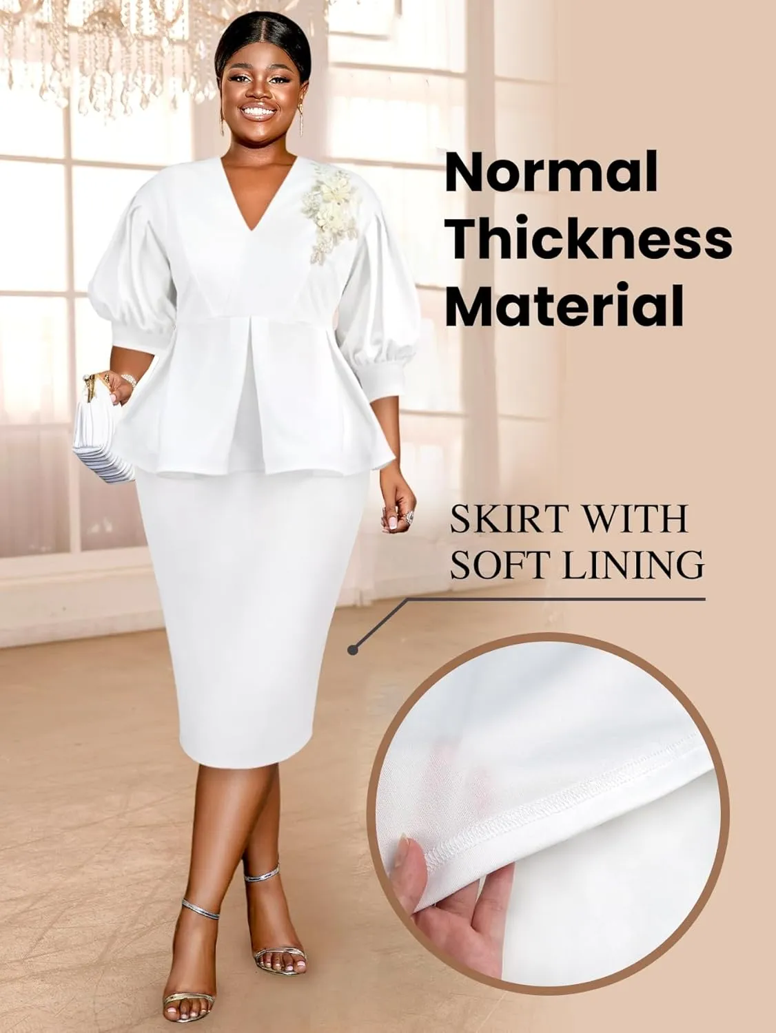 AOMEI Business Suit Sets for Women's 2 Piece Outfits V Neck Peplum Tops Floral Applique Formal Pencil Midi Skirt Suit