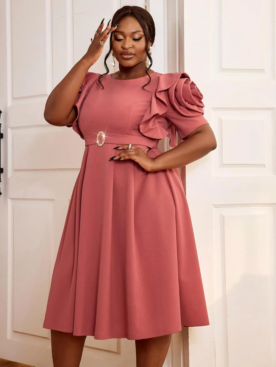 AOMEI Women's Summer Round Neck Short Sleeve with Flower Beaded Belted A Line Midi Dress