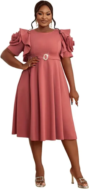 AOMEI Women's Summer Round Neck Short Sleeve with Flower Beaded Belted A Line Midi Dress