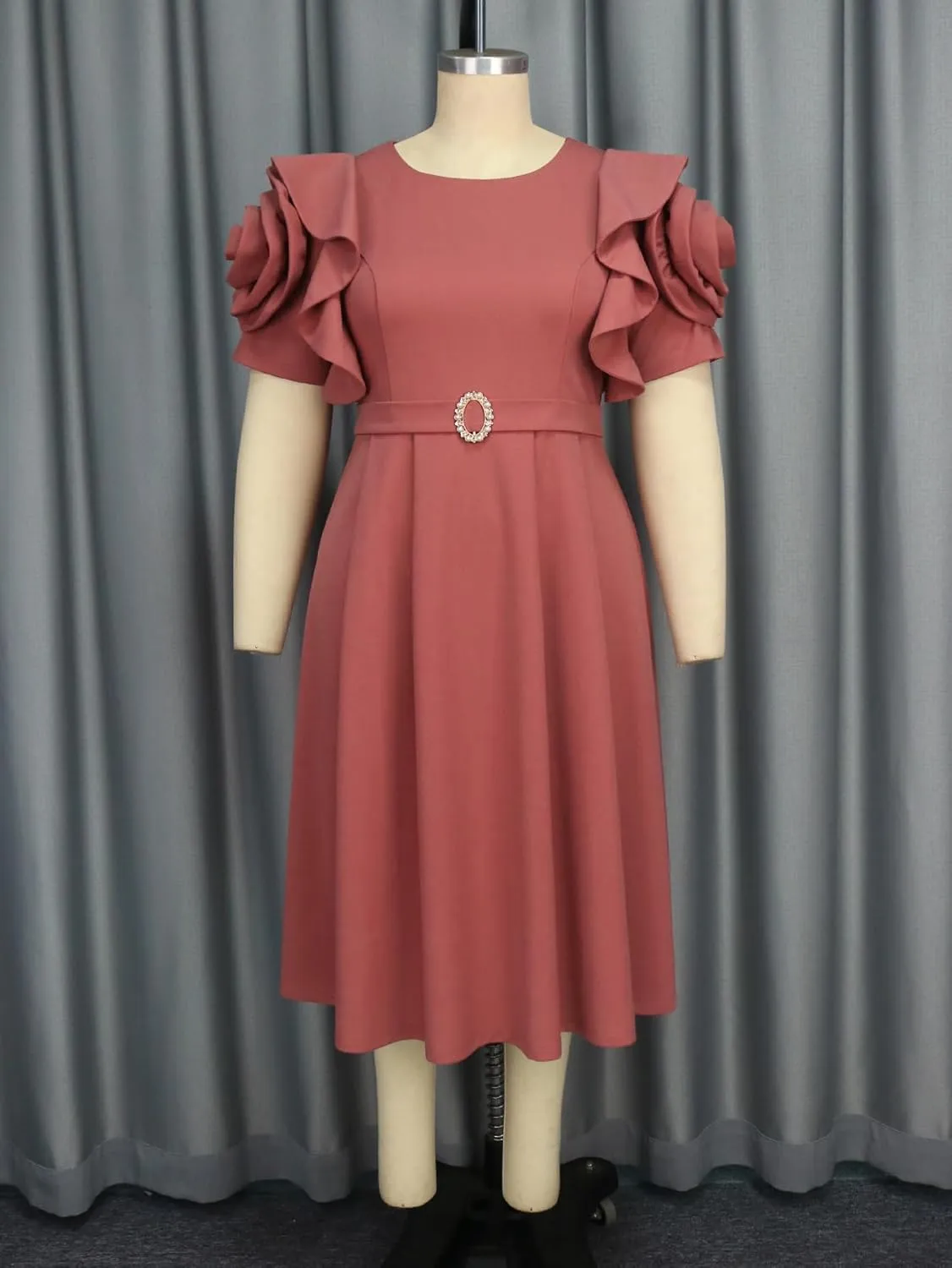 AOMEI Women's Summer Round Neck Short Sleeve with Flower Beaded Belted A Line Midi Dress