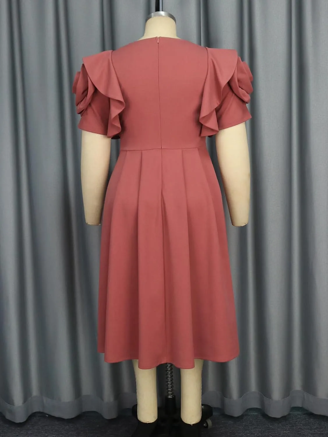 AOMEI Women's Summer Round Neck Short Sleeve with Flower Beaded Belted A Line Midi Dress