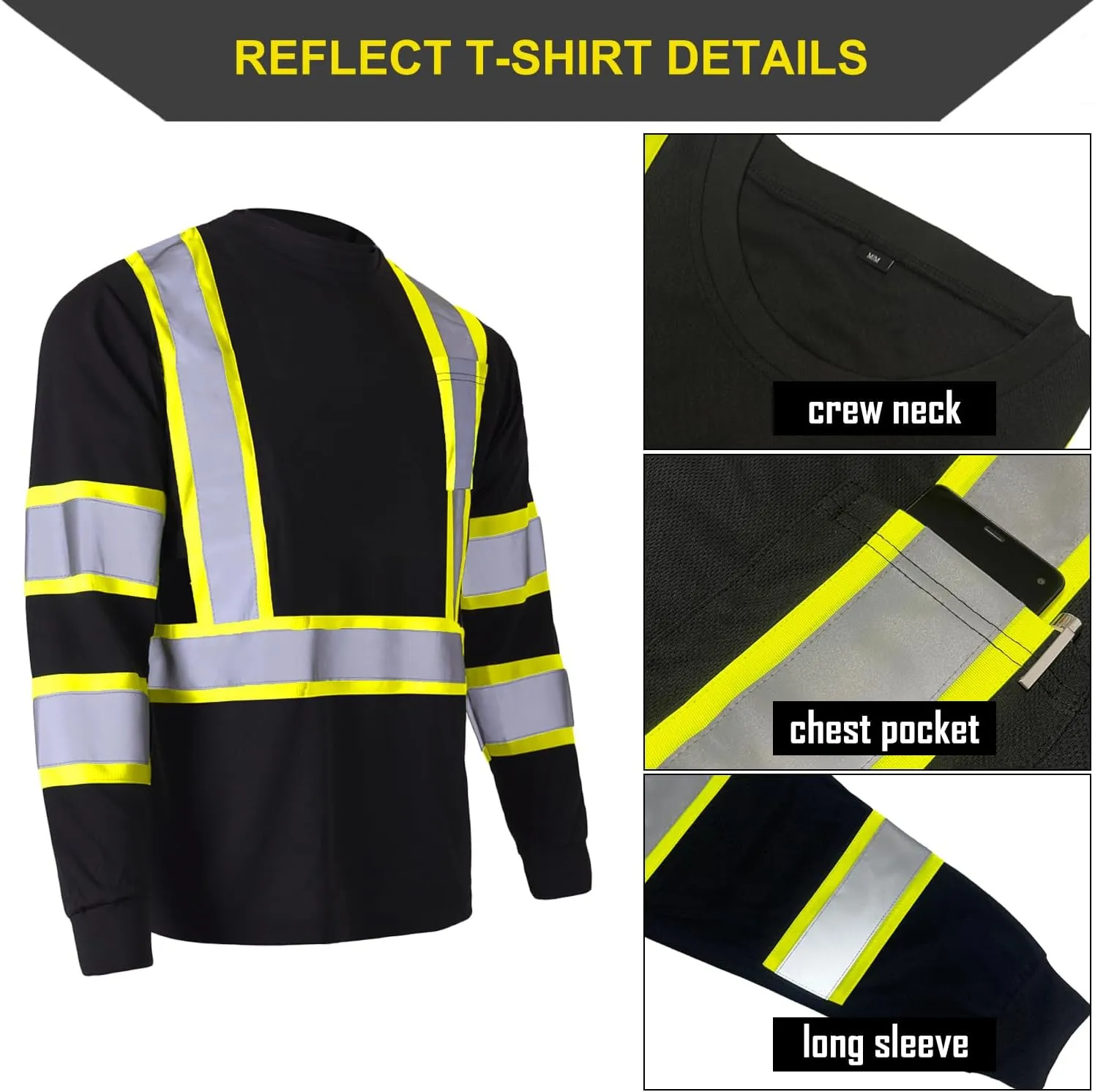 Apparel High Visibility Shirts, Long Sleeve Hi Vis Reflective Safety Shirts with Pocket for Men