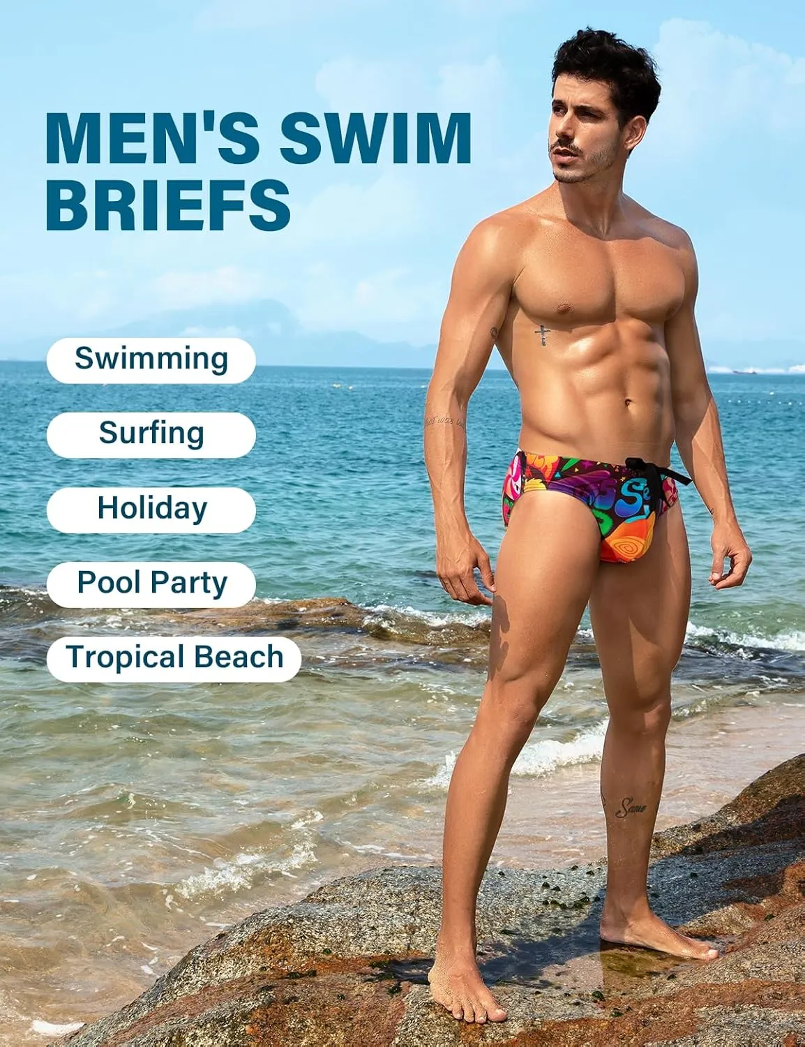 Arjen Kroos Mens Sexy Swim Briefs Bikini Swimwear Print Swimsuit with Drawstring Bathing Suit