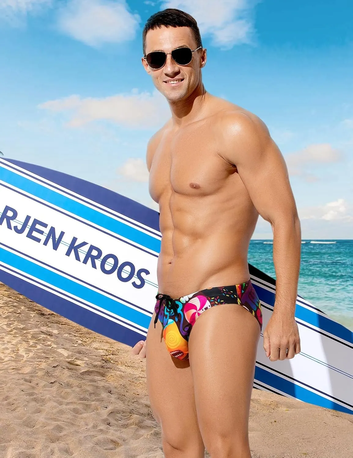 Arjen Kroos Mens Sexy Swim Briefs Bikini Swimwear Print Swimsuit with Drawstring Bathing Suit
