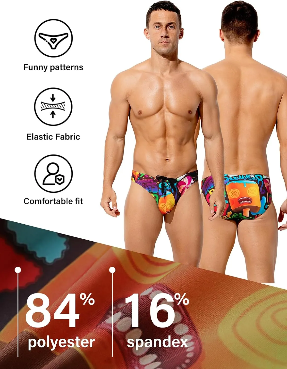 Arjen Kroos Mens Sexy Swim Briefs Bikini Swimwear Print Swimsuit with Drawstring Bathing Suit