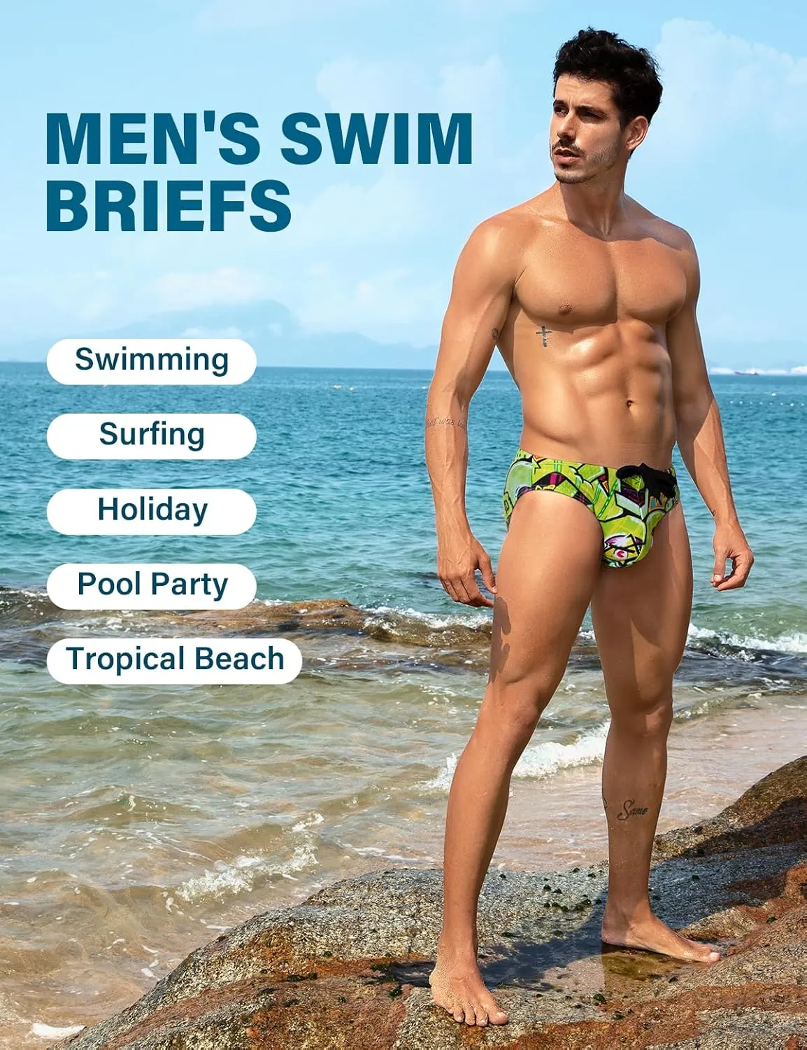 Arjen Kroos Mens Sexy Swim Briefs Bikini Swimwear Print Swimsuit with Drawstring Bathing Suit