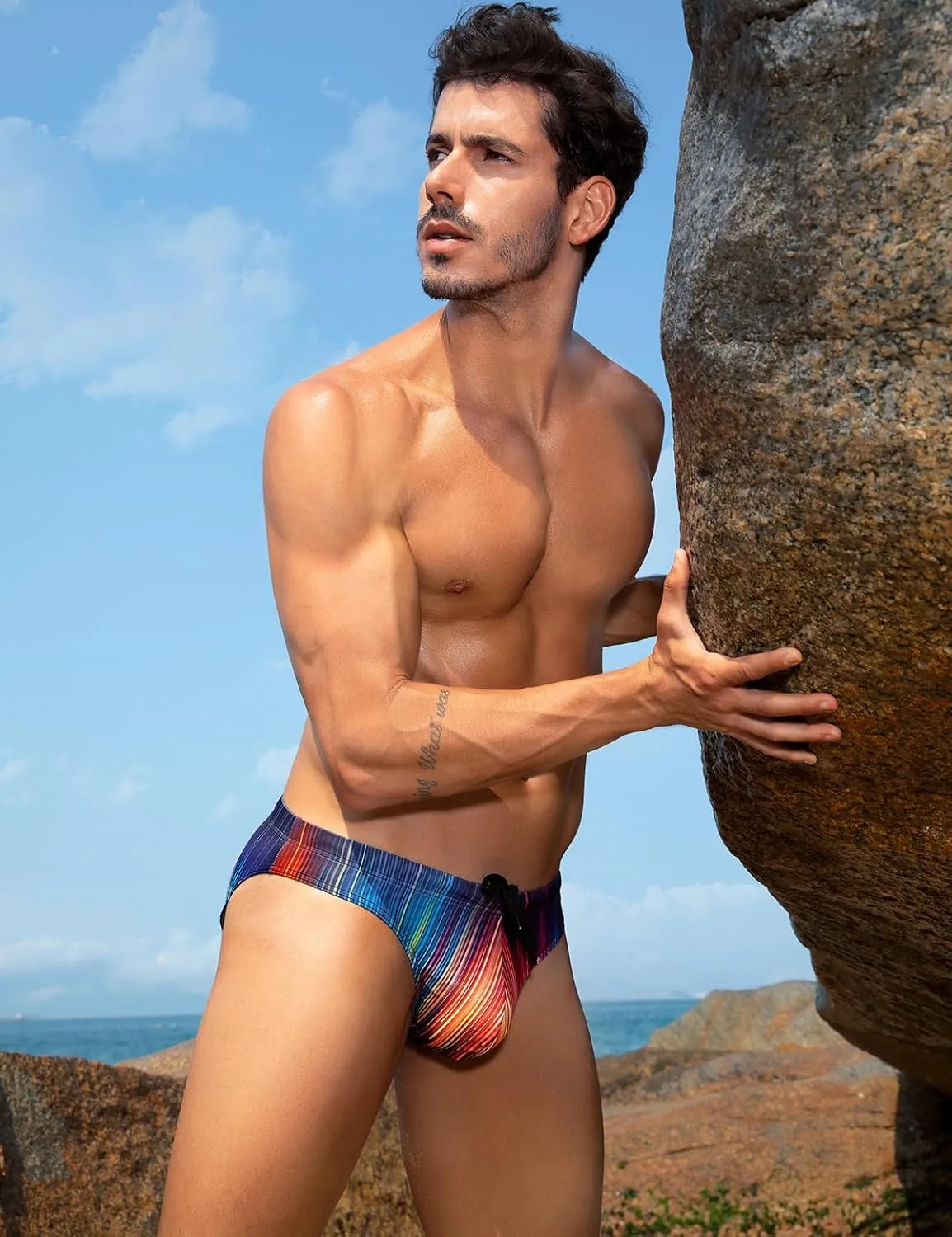 Arjen Kroos Mens Sexy Swim Briefs Bikini Swimwear Print Swimsuit with Drawstring Bathing Suit