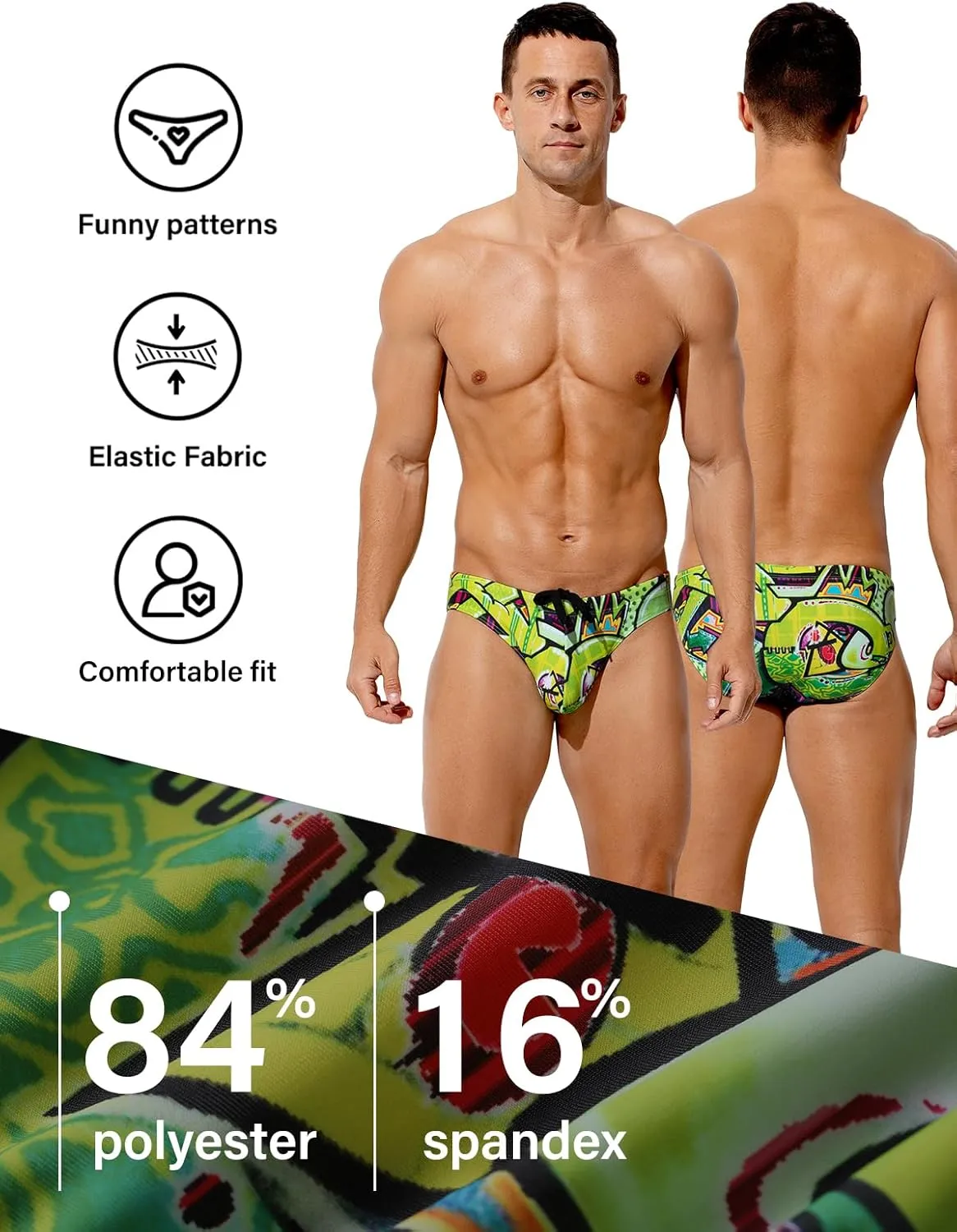 Arjen Kroos Mens Sexy Swim Briefs Bikini Swimwear Print Swimsuit with Drawstring Bathing Suit