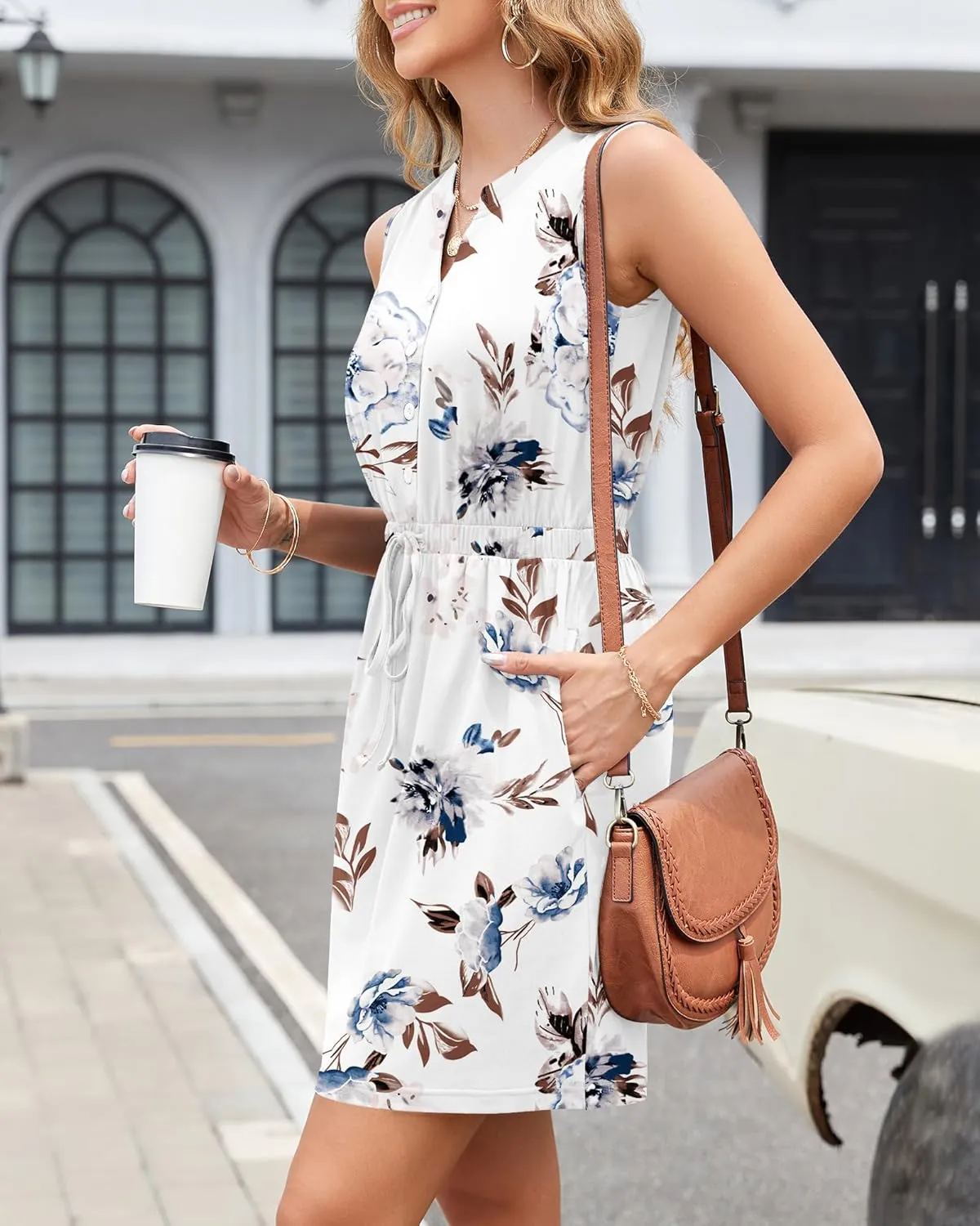 AUSELILY Womens Summer Dresses 2025 Casual V Neck Sleeveless Drawstring Button Mini Dress with Pockets