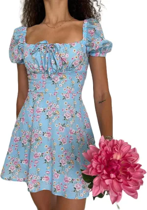 Awoscut Women's Boho Summer Short Sleeve Mini Dress Floral Print Bohemian Dress Party Holiday Beach Sundresses