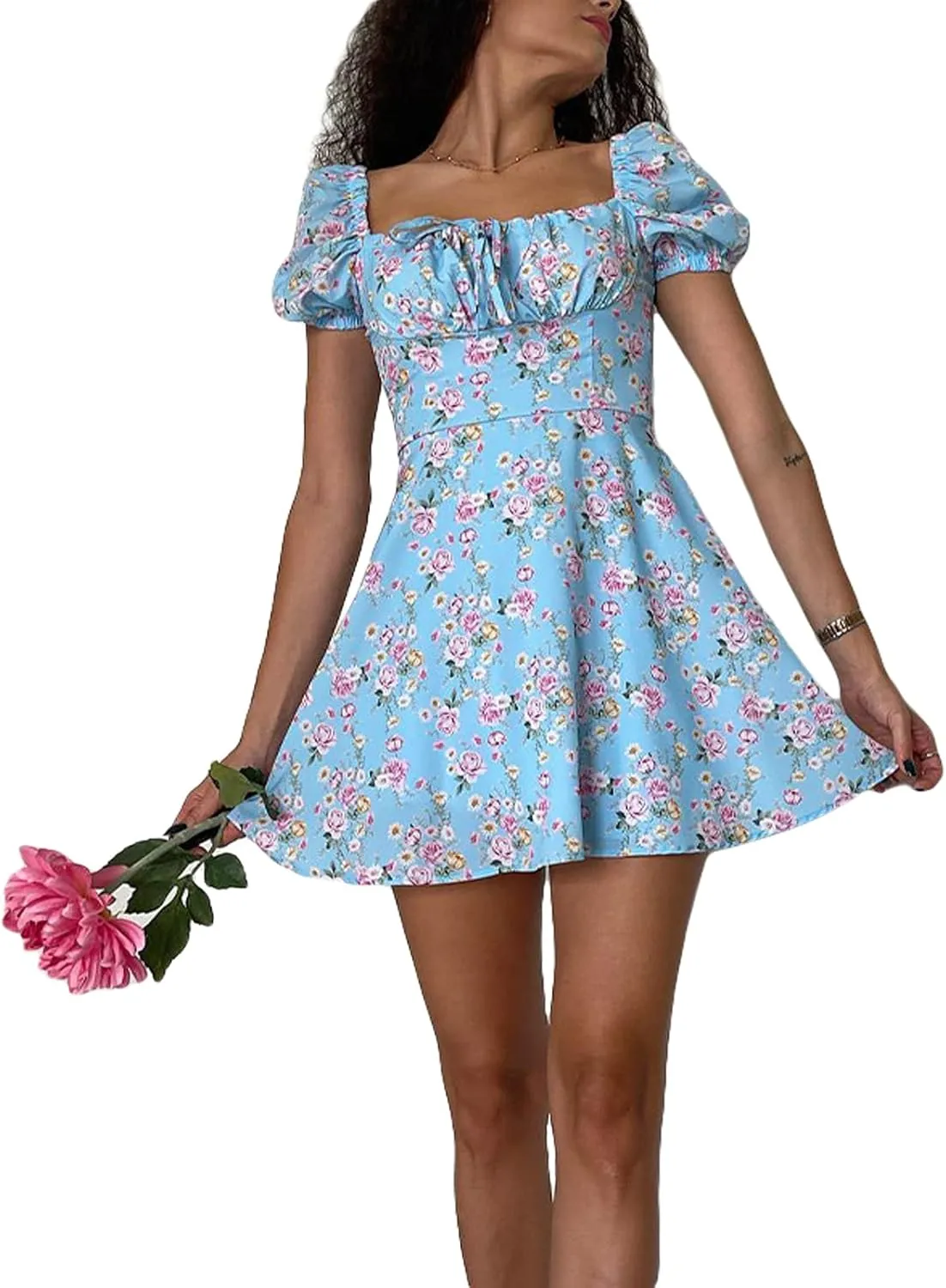 Awoscut Women's Boho Summer Short Sleeve Mini Dress Floral Print Bohemian Dress Party Holiday Beach Sundresses