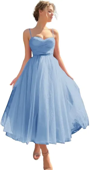 Basgute Tulle Tea Length Prom Dresses for Women Corset Sweetheart Spaghetti Straps Teens Formal Evening Party Gowns