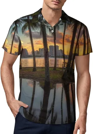 Beach Palm Tree Classic Polo Shirts for Men Quick Dry Short Sleeve Fit Golf Tees Casual Tops