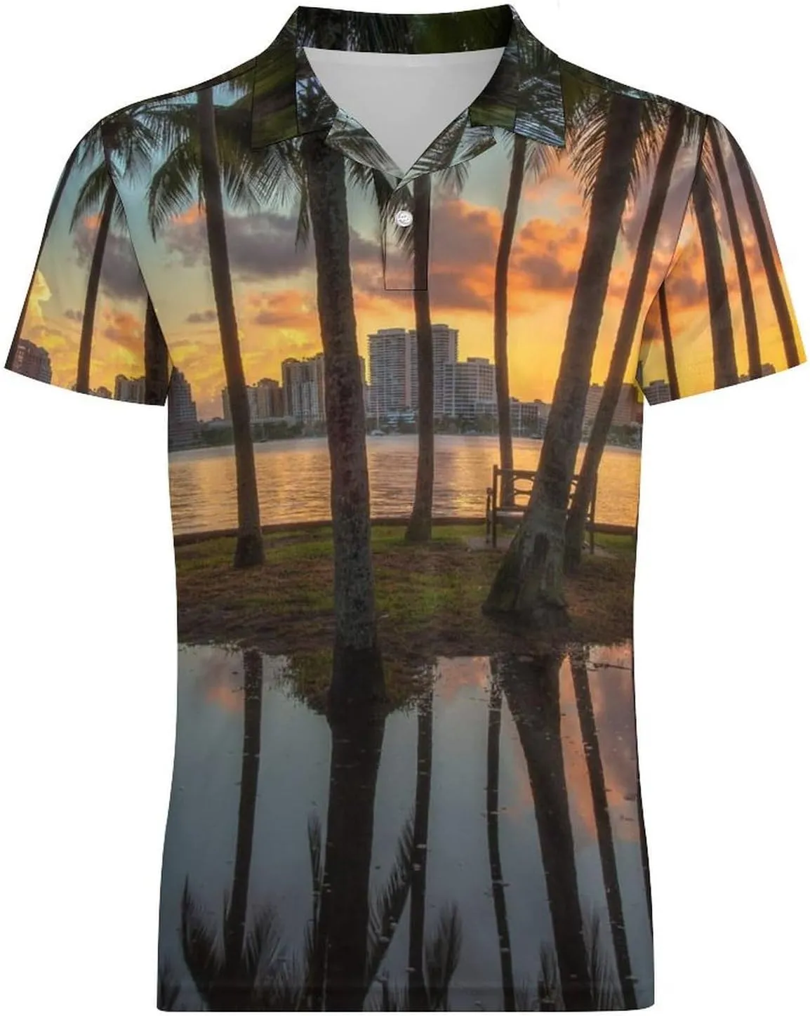 Beach Palm Tree Classic Polo Shirts for Men Quick Dry Short Sleeve Fit Golf Tees Casual Tops