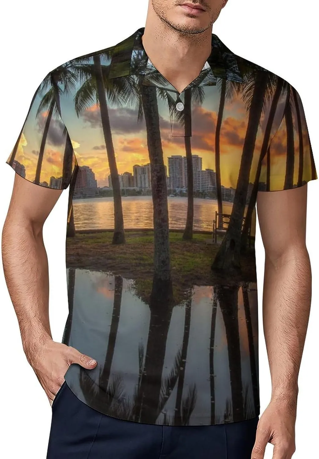 Beach Palm Tree Classic Polo Shirts for Men Quick Dry Short Sleeve Fit Golf Tees Casual Tops