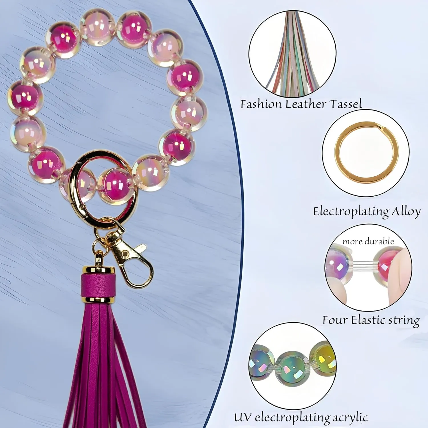 Beaded Keychain Wristlet Colorful Macaron Acrylic Key Ring Bracelet with Leather Tassel Cute Boho Car Key Wristlet for Women