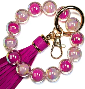 Beaded Keychain Wristlet Colorful Macaron Acrylic Key Ring Bracelet with Leather Tassel Cute Boho Car Key Wristlet for Women
