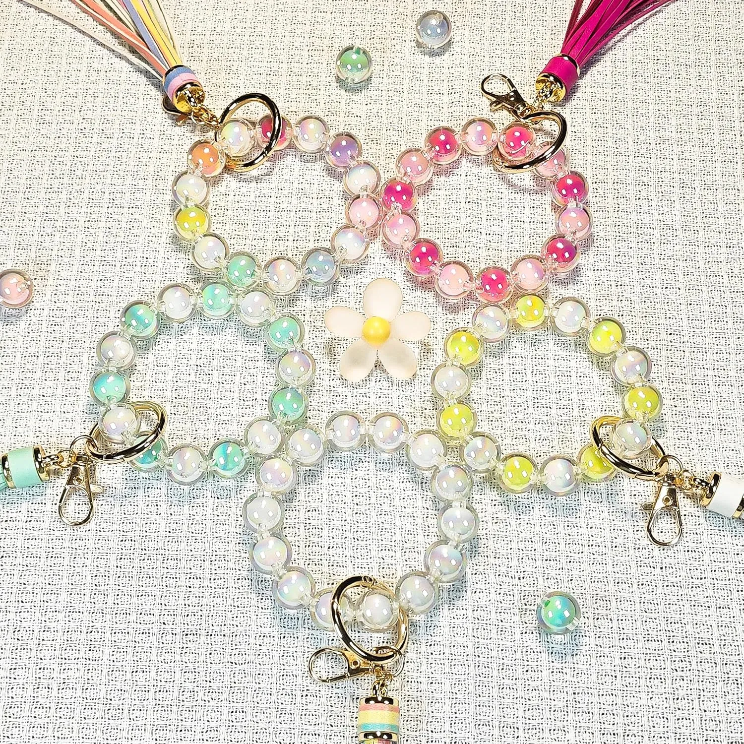 Beaded Keychain Wristlet Colorful Macaron Acrylic Key Ring Bracelet with Leather Tassel Cute Boho Car Key Wristlet for Women