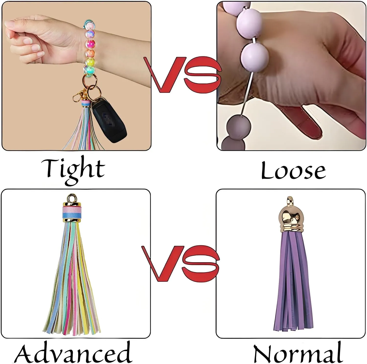 Beaded Keychain Wristlet Colorful Macaron Acrylic Key Ring Bracelet with Leather Tassel Cute Boho Car Key Wristlet for Women