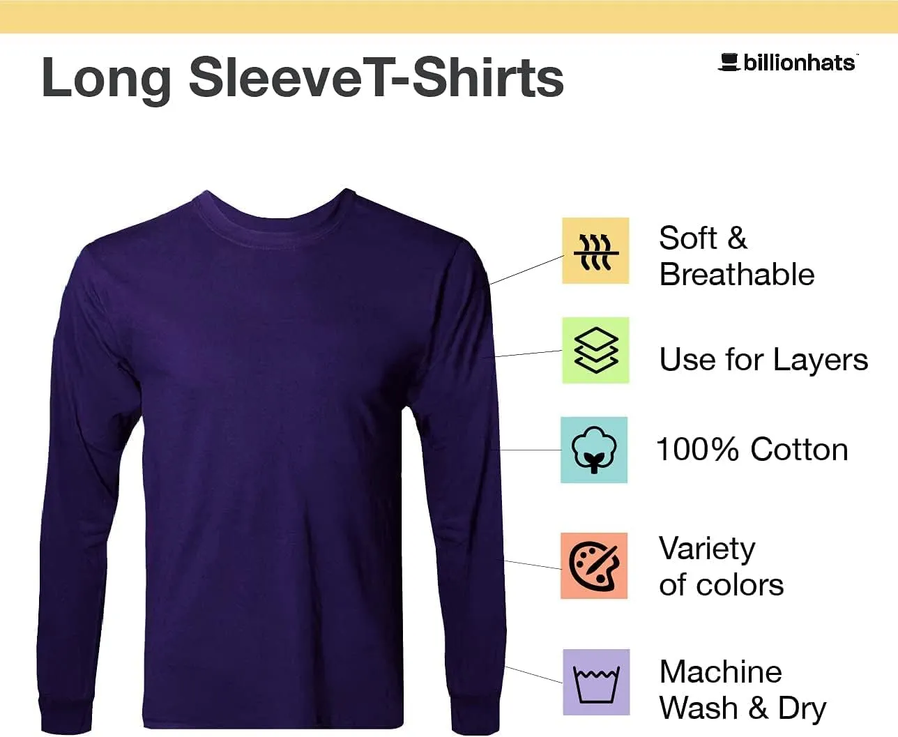 BILLIONHATS Mens Long Sleeve Colorful T-Shirts, 100% Cotton - Crew Neck Bulk Tees for Men, Wholesale Sleeved Tshirt Packs
