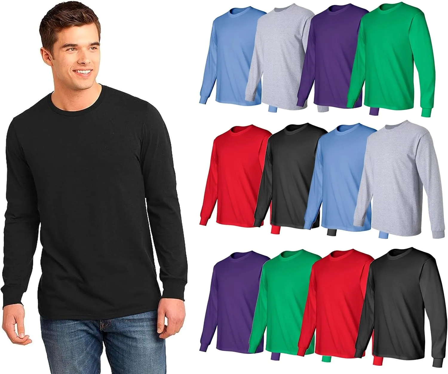BILLIONHATS Mens Long Sleeve Colorful T-Shirts, 100% Cotton - Crew Neck Bulk Tees for Men, Wholesale Sleeved Tshirt Packs