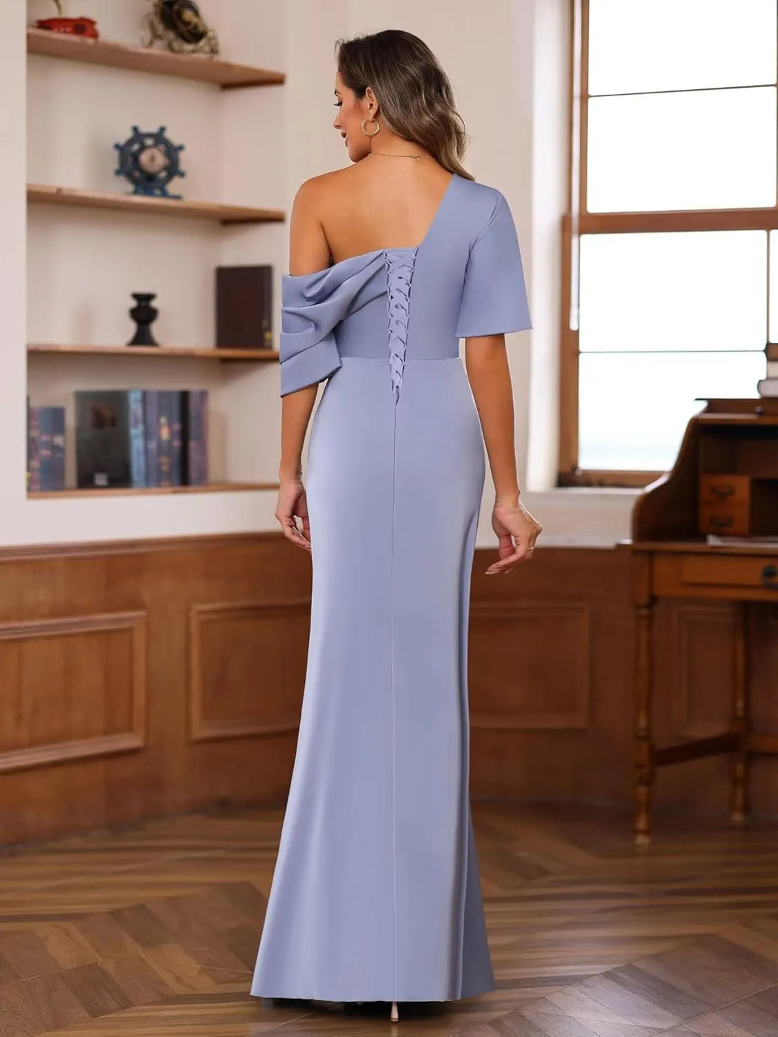 BITALY One Shoulder Satin Mother of The Bride Dress for Wedding with Sleeves Formal Dress for Women BI157