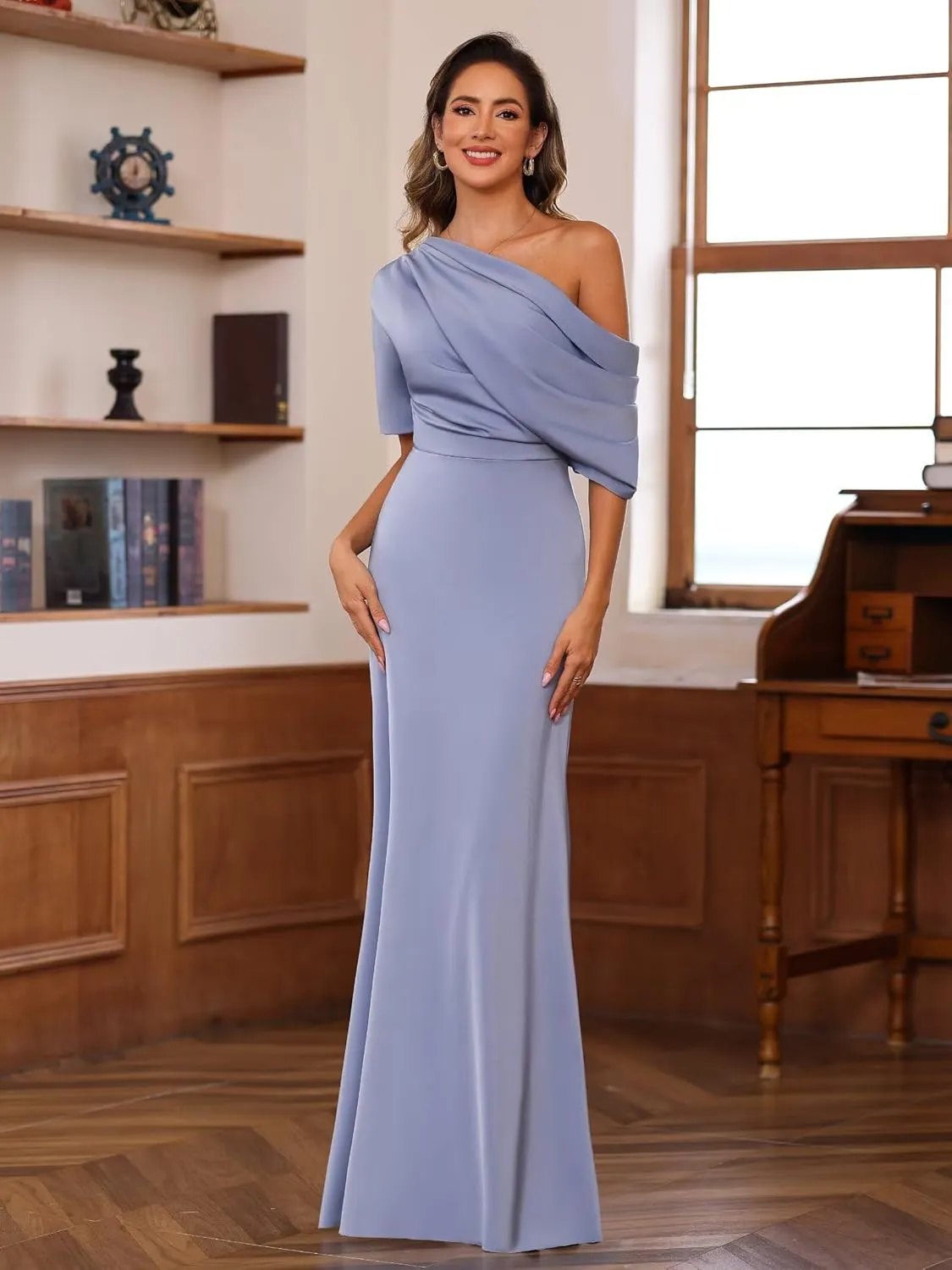 BITALY One Shoulder Satin Mother of The Bride Dress for Wedding with Sleeves Formal Dress for Women BI157