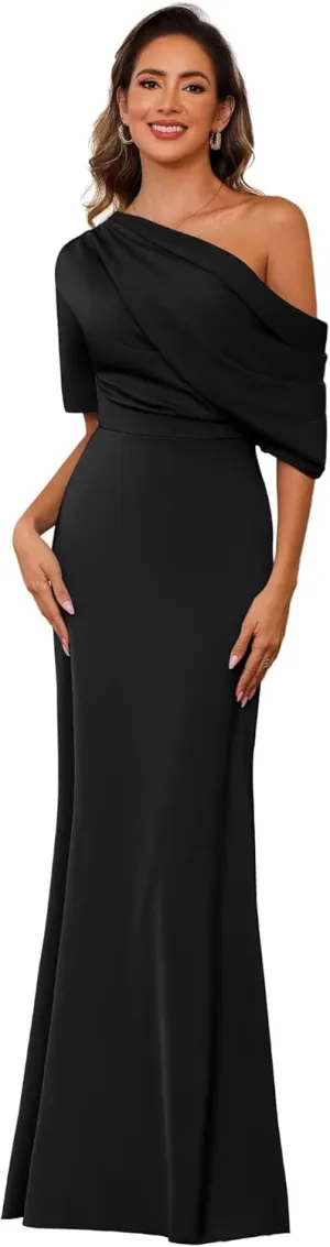BITALY One Shoulder Satin Mother of The Bride Dress for Wedding with Sleeves Formal Dress for Women BI157