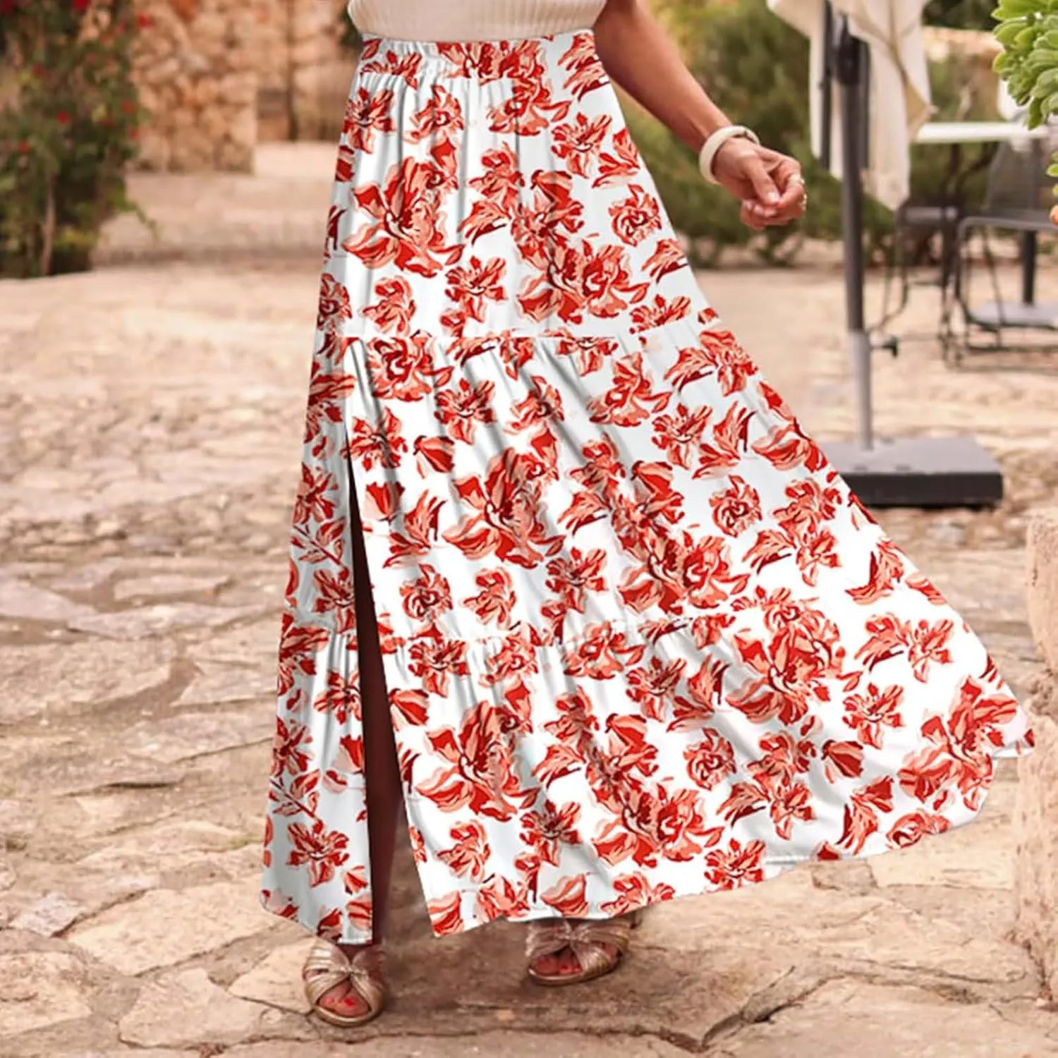 Bohemian Floral Skirts for Women High Waist Pleated Beach Skirt Trendy Ladies Boho Vacation Skirts with Slit