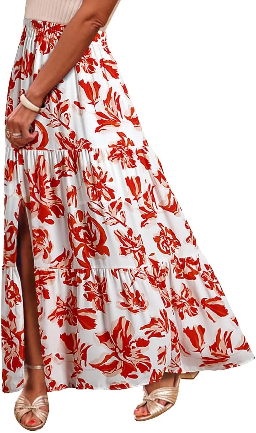 Bohemian Floral Skirts for Women High Waist Pleated Beach Skirt Trendy Ladies Boho Vacation Skirts with Slit