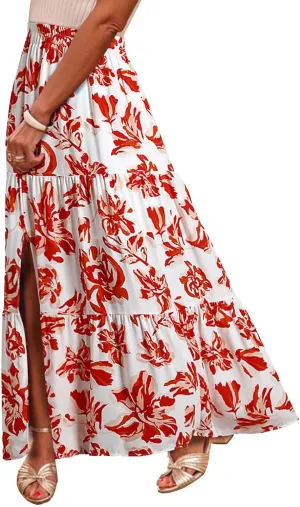 Bohemian Floral Skirts for Women High Waist Pleated Beach Skirt Trendy Ladies Boho Vacation Skirts with Slit