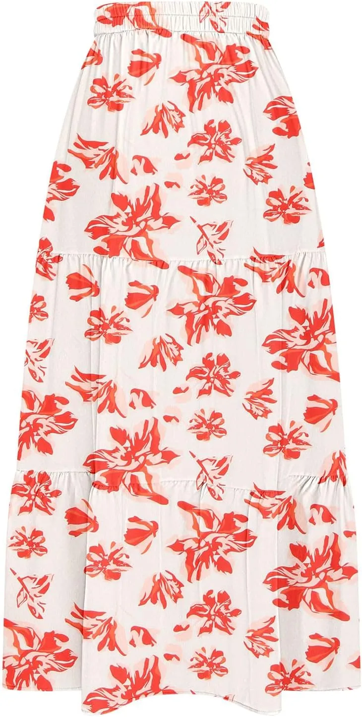 Bohemian Floral Skirts for Women High Waist Pleated Beach Skirt Trendy Ladies Boho Vacation Skirts with Slit