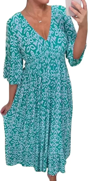 Boho Dresses for Women Summer 2024 Floral Bohemian Dress Casual 3/4 Sleeve V Neck Dress Ruffle Hem Maxi Sundress