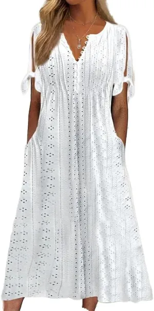 Boho Eyelet Casual Long Dress Vintage Solid Half Sleeve V Neck Loose Fit Flowy Swing Midi Dresses with Pockets