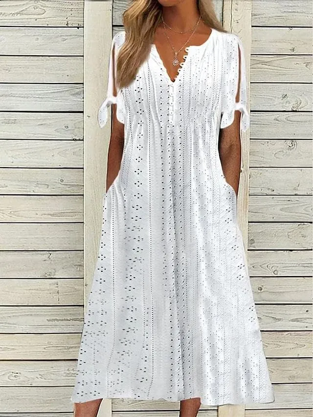 Boho Eyelet Casual Long Dress Vintage Solid Half Sleeve V Neck Loose Fit Flowy Swing Midi Dresses with Pockets