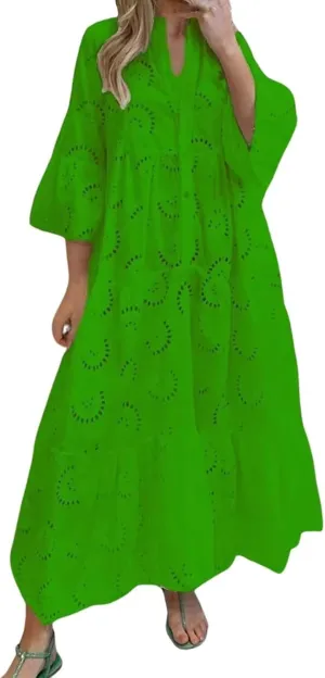 Boho Maxi Dress for Women Eyelet Dresses Elegant Lace Hollow Dress Summer V Neck Bell Sleeve Ruffle Flowy Long Dresses
