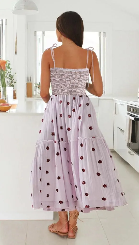 Boho Spaghetti Strap Long Dress Summer Embroidered Floral Smocked Dress Flowy Maxi Beach Sun Dresses for Women 2024