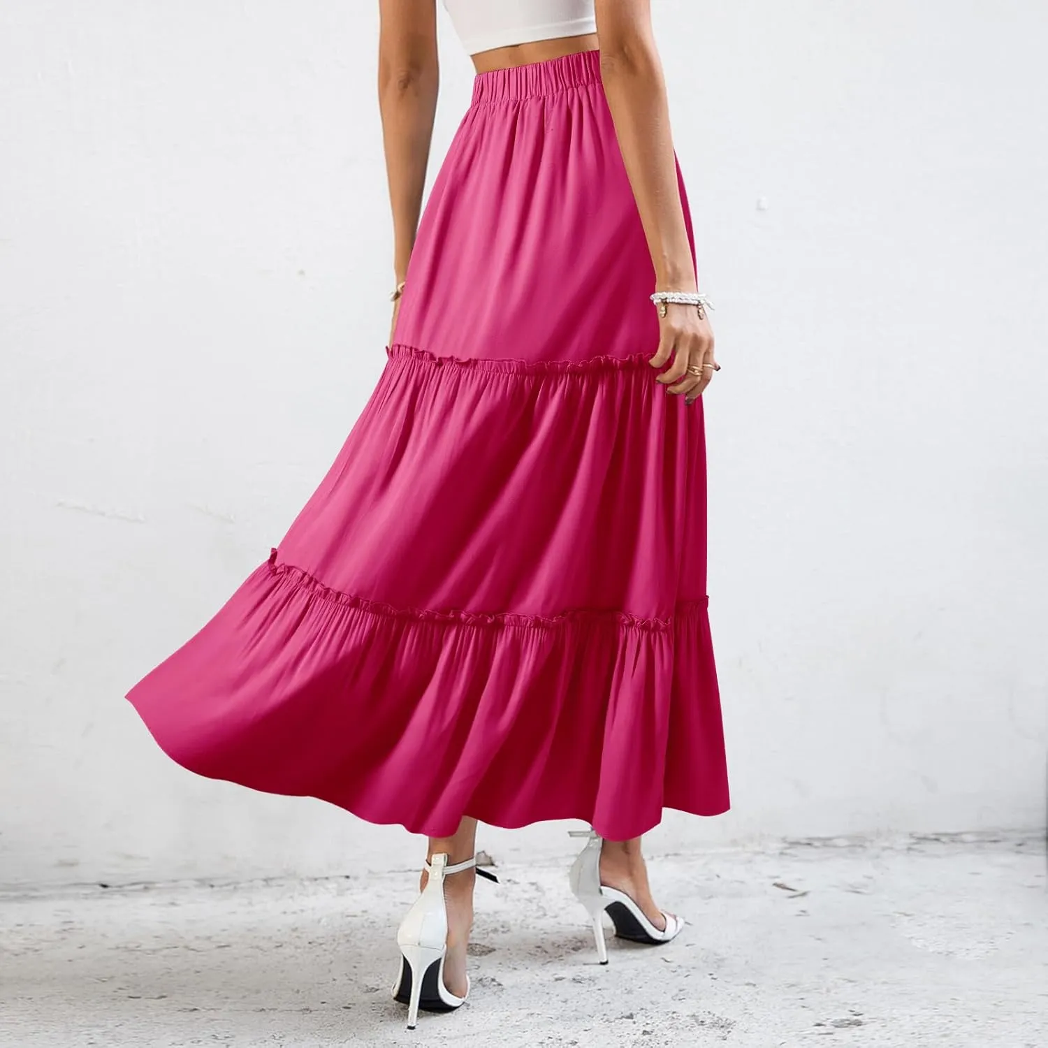 BOMAROLAN Women's Maxi Skirts Summer Elastic High Waist Boho Flowy Skirt A Line Long Skirts Ruffle Swing Beach Skirts