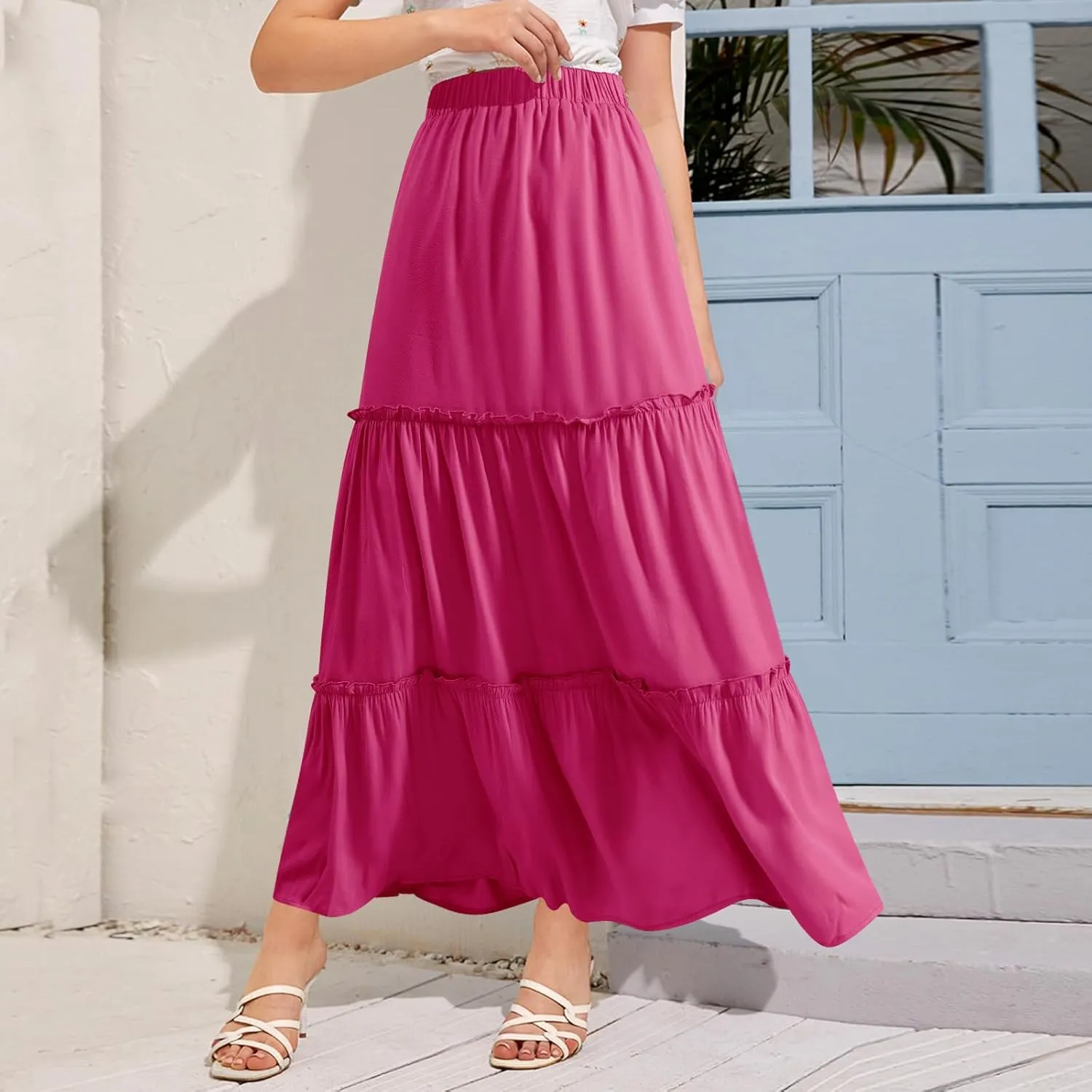 BOMAROLAN Women's Maxi Skirts Summer Elastic High Waist Boho Flowy Skirt A Line Long Skirts Ruffle Swing Beach Skirts