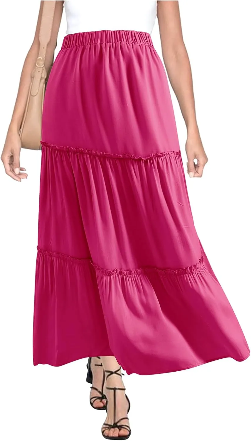BOMAROLAN Women's Maxi Skirts Summer Elastic High Waist Boho Flowy Skirt A Line Long Skirts Ruffle Swing Beach Skirts