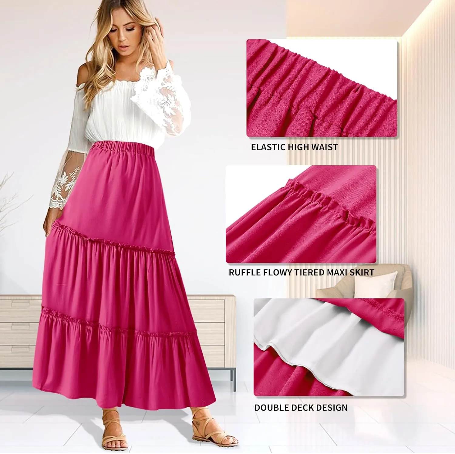 BOMAROLAN Women's Maxi Skirts Summer Elastic High Waist Boho Flowy Skirt A Line Long Skirts Ruffle Swing Beach Skirts