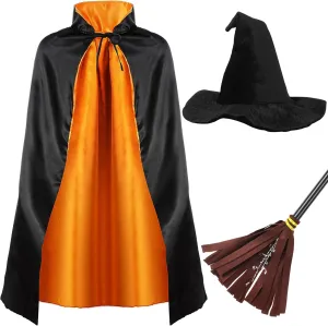 Boyiee 3 Pcs Kids Witch Costume Reversible Cape Wizard Hat Broom Wizard Vampire Cloak for Carnival Mardi Gras World Book Day