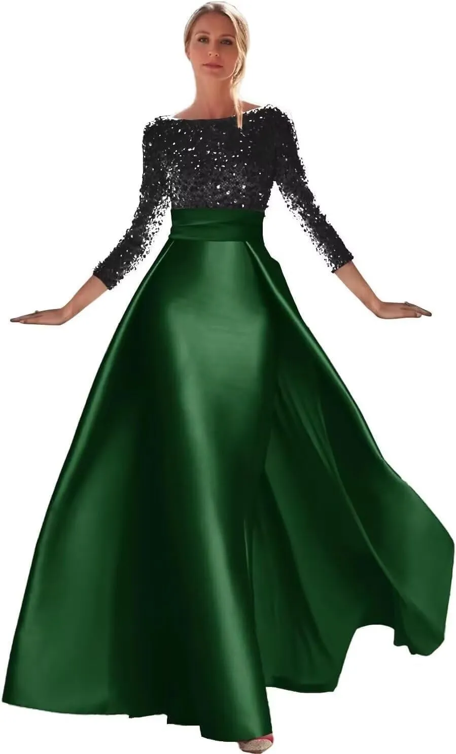 Cadoly Long Sleeve Sparkly Sequin Formal Dresses for Women 2025 Elegant Ball Gown A-Line Satin Evening Gown