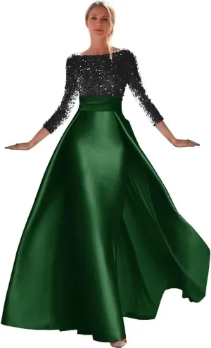 Cadoly Long Sleeve Sparkly Sequin Formal Dresses for Women 2025 Elegant Ball Gown A-Line Satin Evening Gown