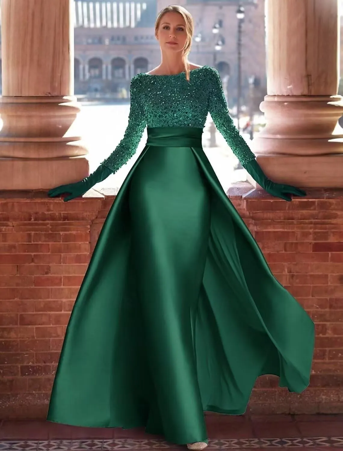 Cadoly Long Sleeve Sparkly Sequin Formal Dresses for Women 2025 Elegant Ball Gown A-Line Satin Evening Gown