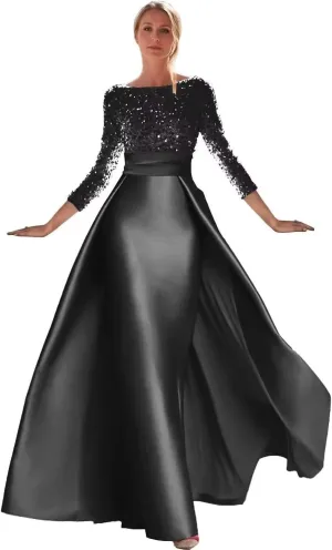 Cadoly Long Sleeve Sparkly Sequin Formal Dresses for Women 2025 Elegant Ball Gown A-Line Satin Evening Gown