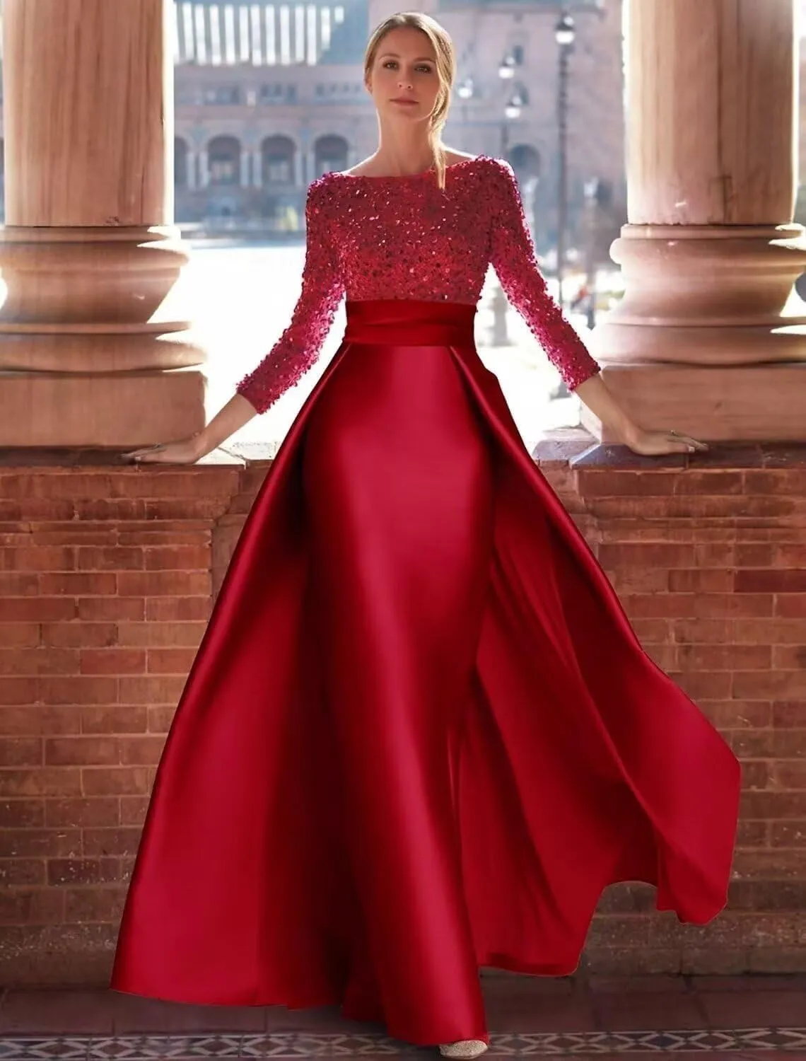 Cadoly Long Sleeve Sparkly Sequin Formal Dresses for Women 2025 Elegant Ball Gown A-Line Satin Evening Gown