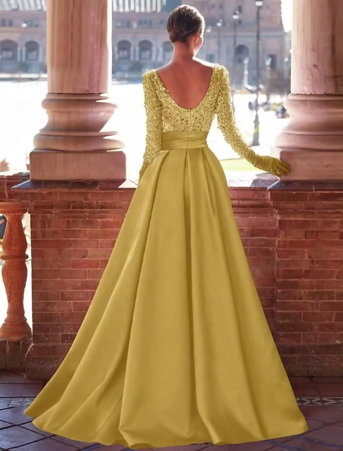 Cadoly Long Sleeve Sparkly Sequin Formal Dresses for Women 2025 Elegant Ball Gown A-Line Satin Evening Gown
