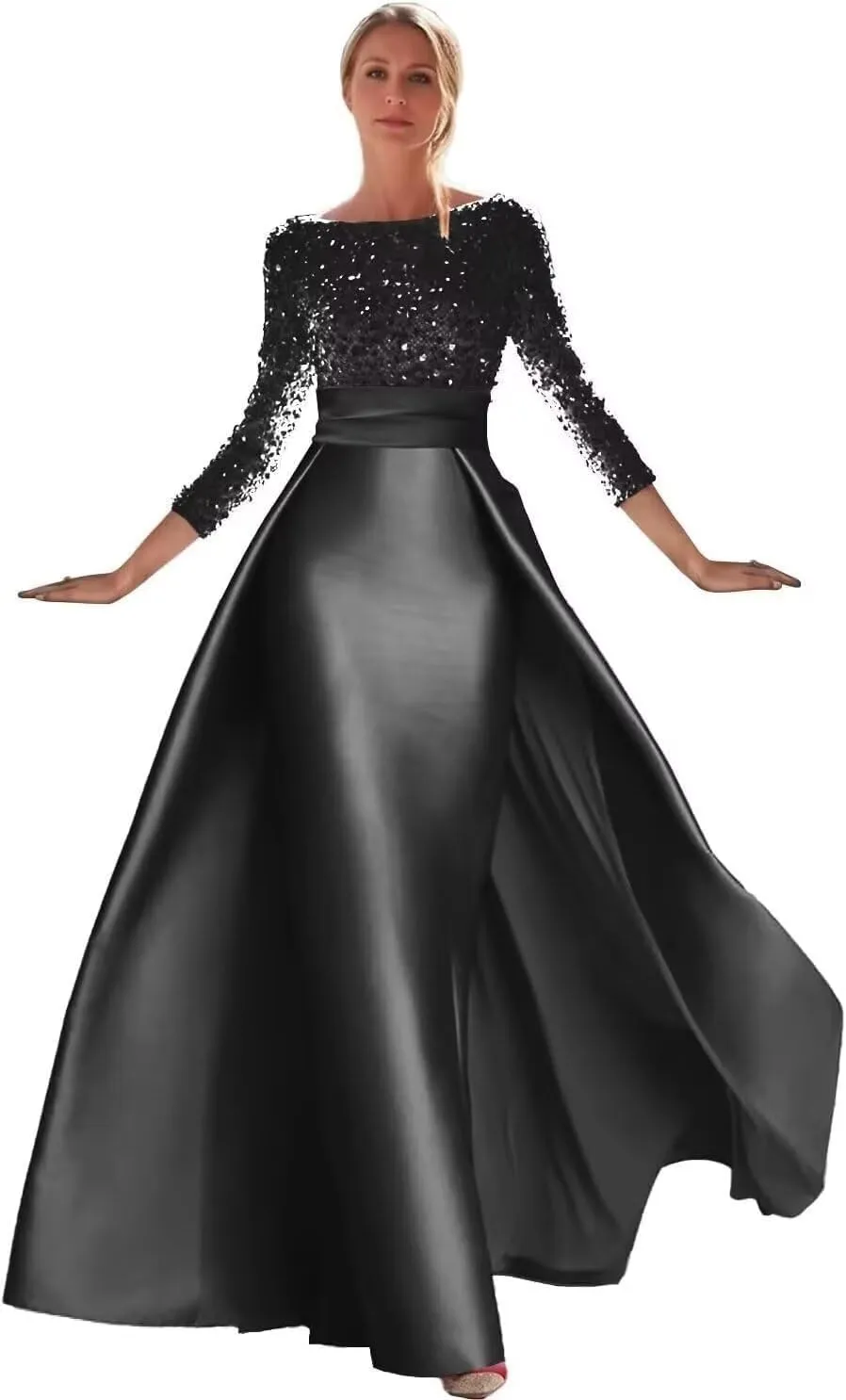 Cadoly Long Sleeve Sparkly Sequin Formal Dresses for Women 2025 Elegant Ball Gown A-Line Satin Evening Gown
